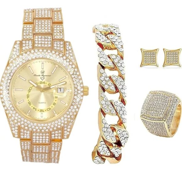 Watch and Jewelry set cuban chain watch earrings - Picture 2 of 9